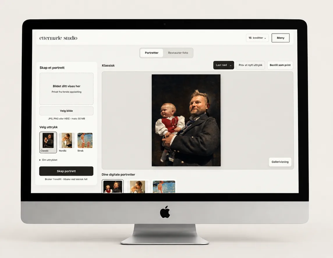 Studio workspace with portrait styles, your image and downloads. Norwegian interface.