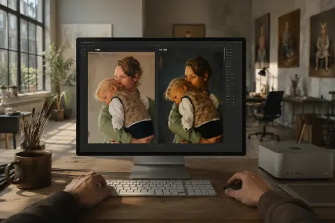 A family photograph takes on a painterly style in the atelier