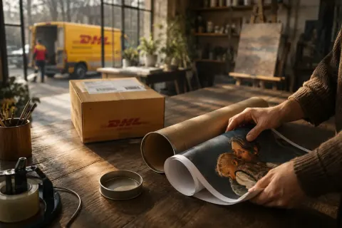 Carefully packing a portrait for delivery