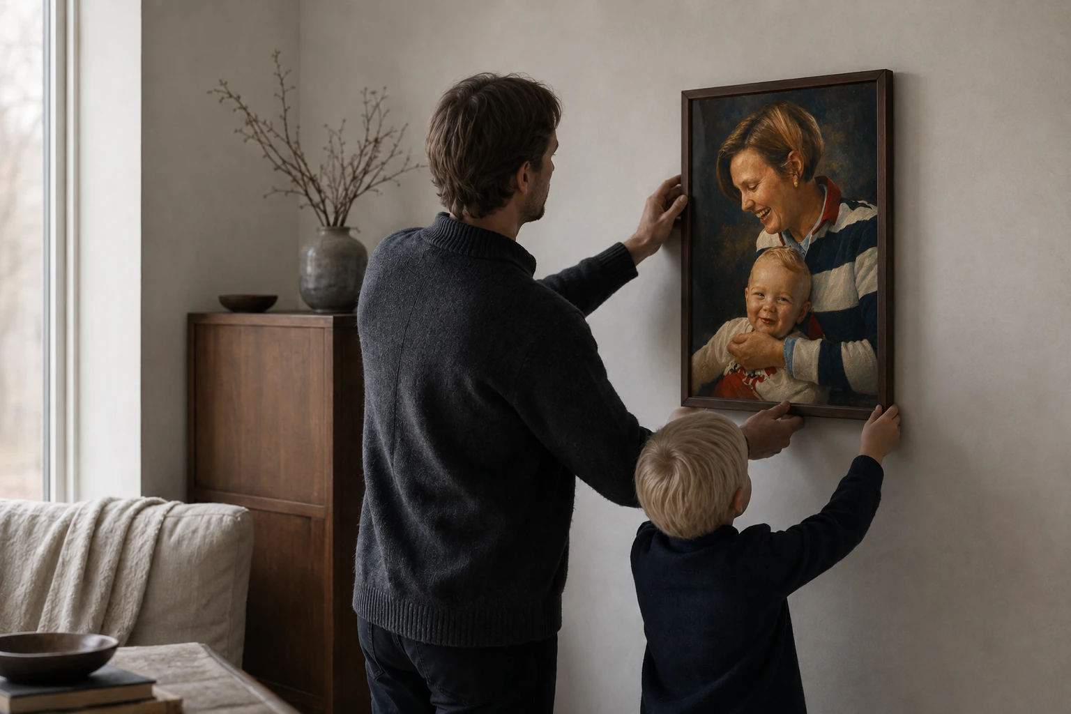 A father and son hang a family portrait