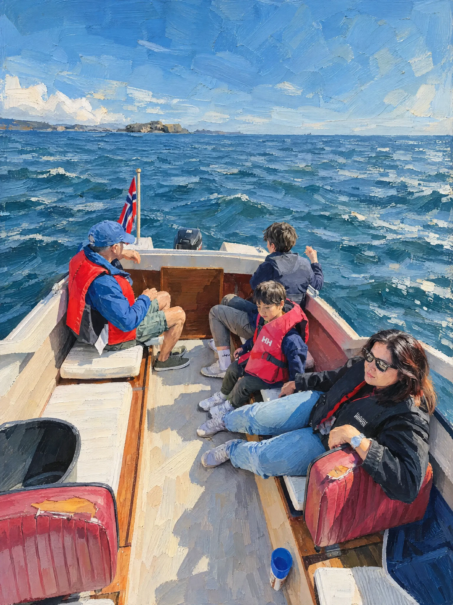 The boat trip interpreted in Ettermæle Strøk, with distinct blue and white brushstrokes in the water.