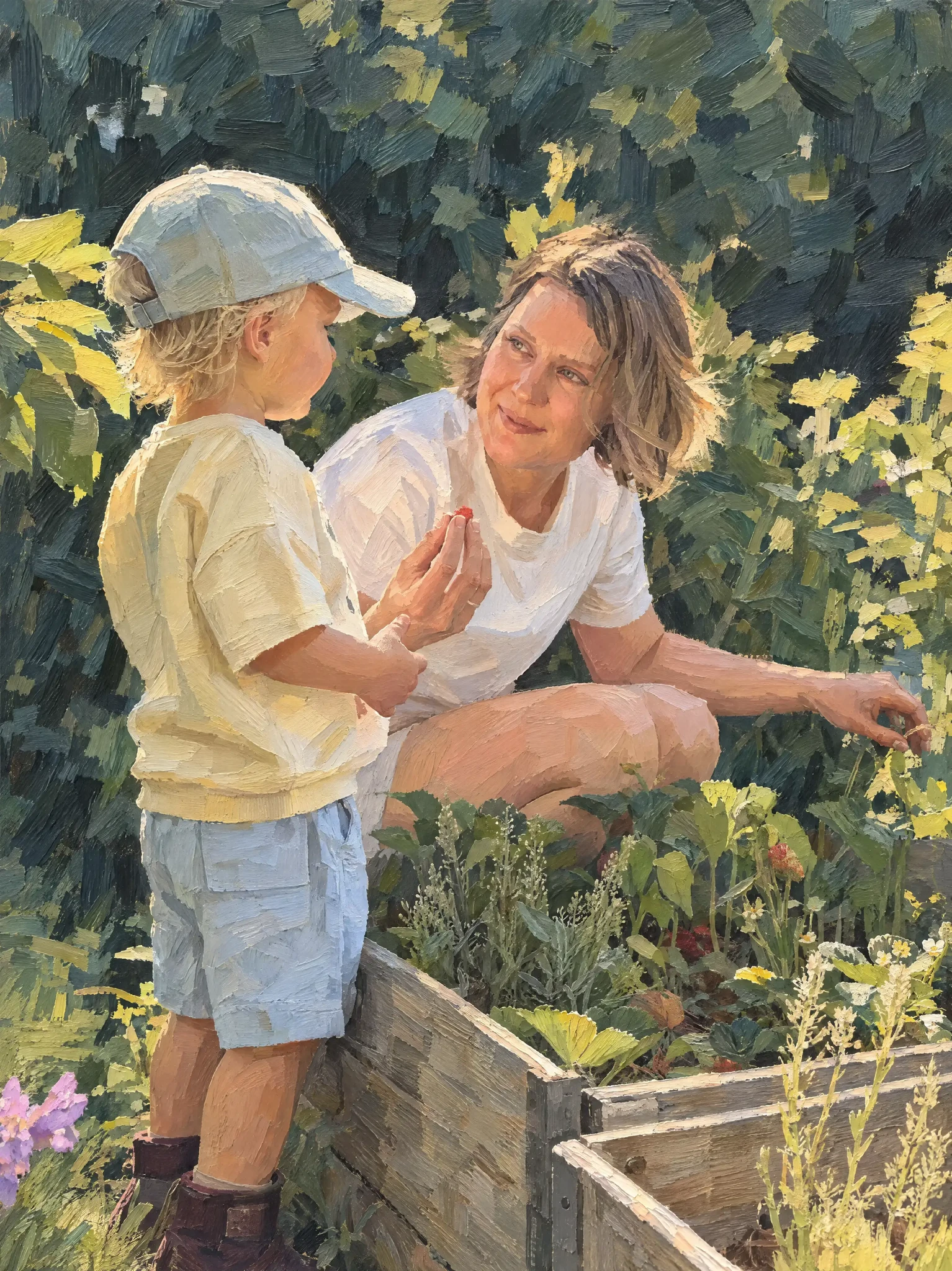 The strawberry garden interpreted in Ettermæle Strøk, with warm skin tones and broad brushstrokes in the foliage.