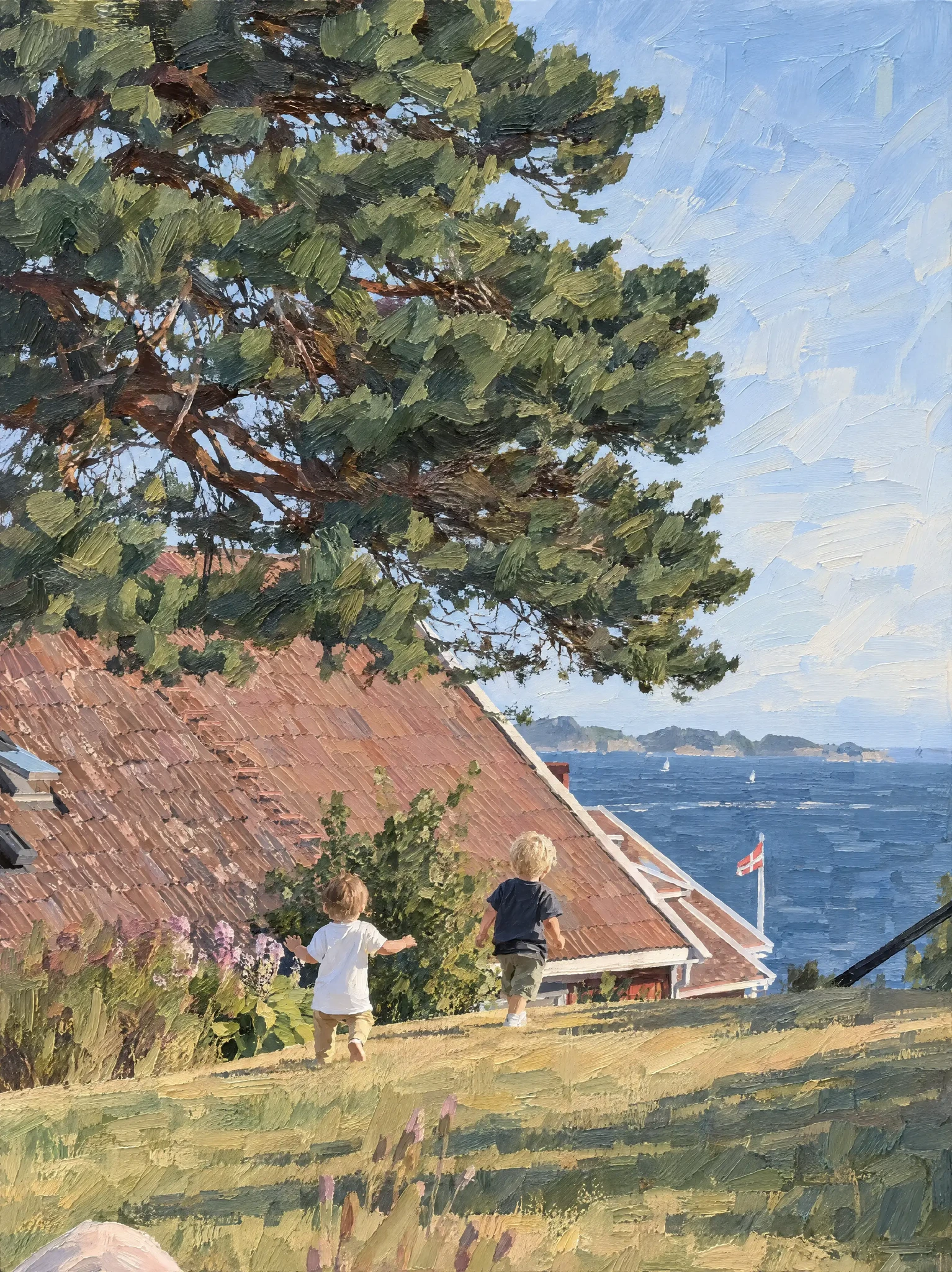 The two children and coastal landscape in Ettermæle Strøk, with visible brushwork in the tree, roof and sea.