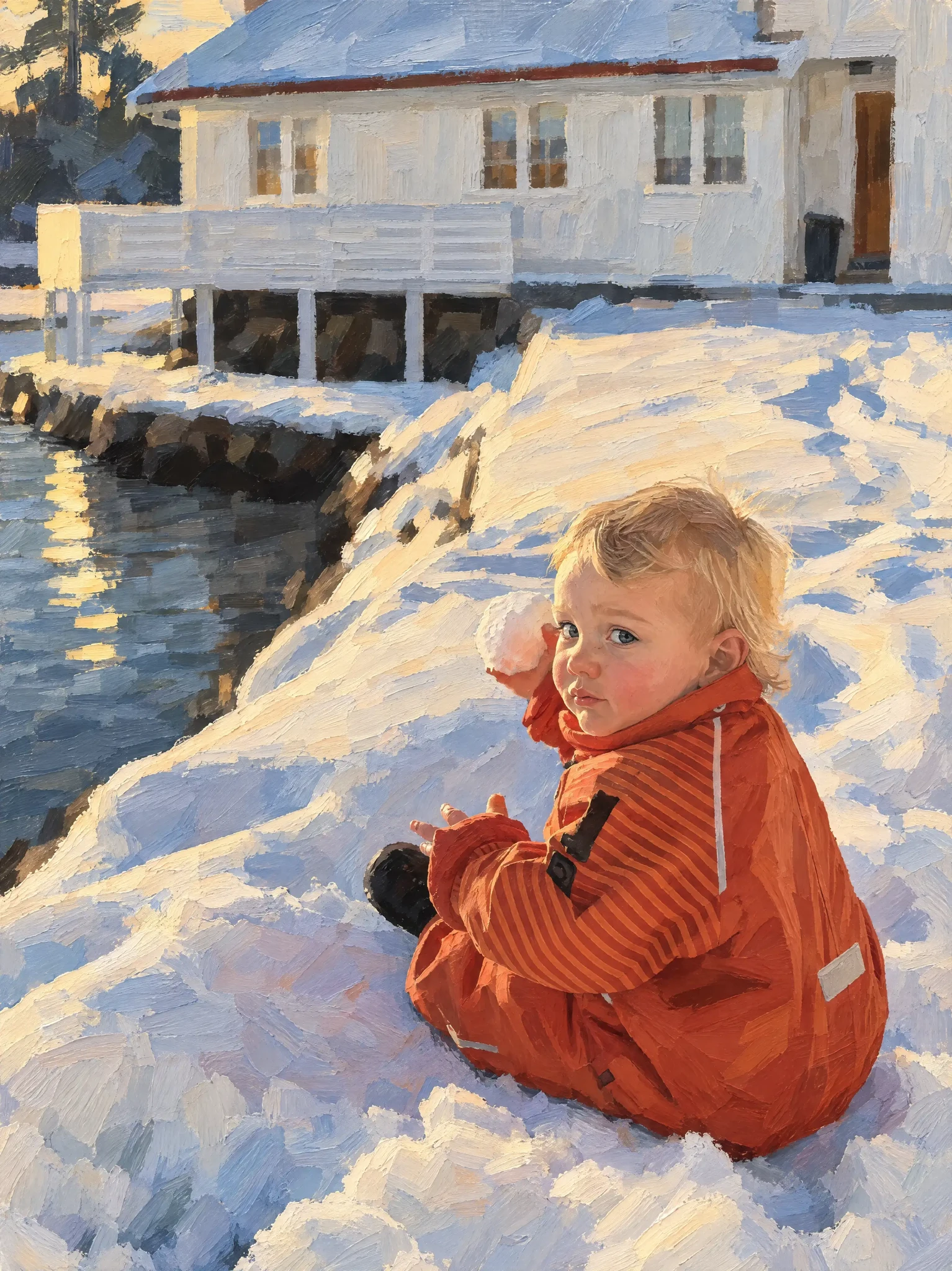 The child by the snow-covered jetty in Ettermæle Strøk, with golden light and blue shadows in the snow.