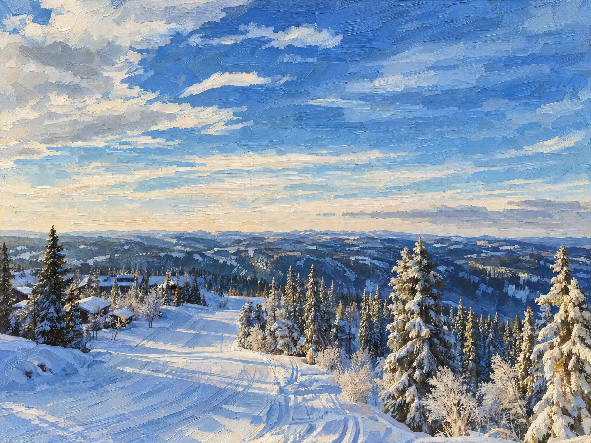 The winter landscape in Ettermæle Strøk, with broad brushstrokes in the sky, snow and distant hills.