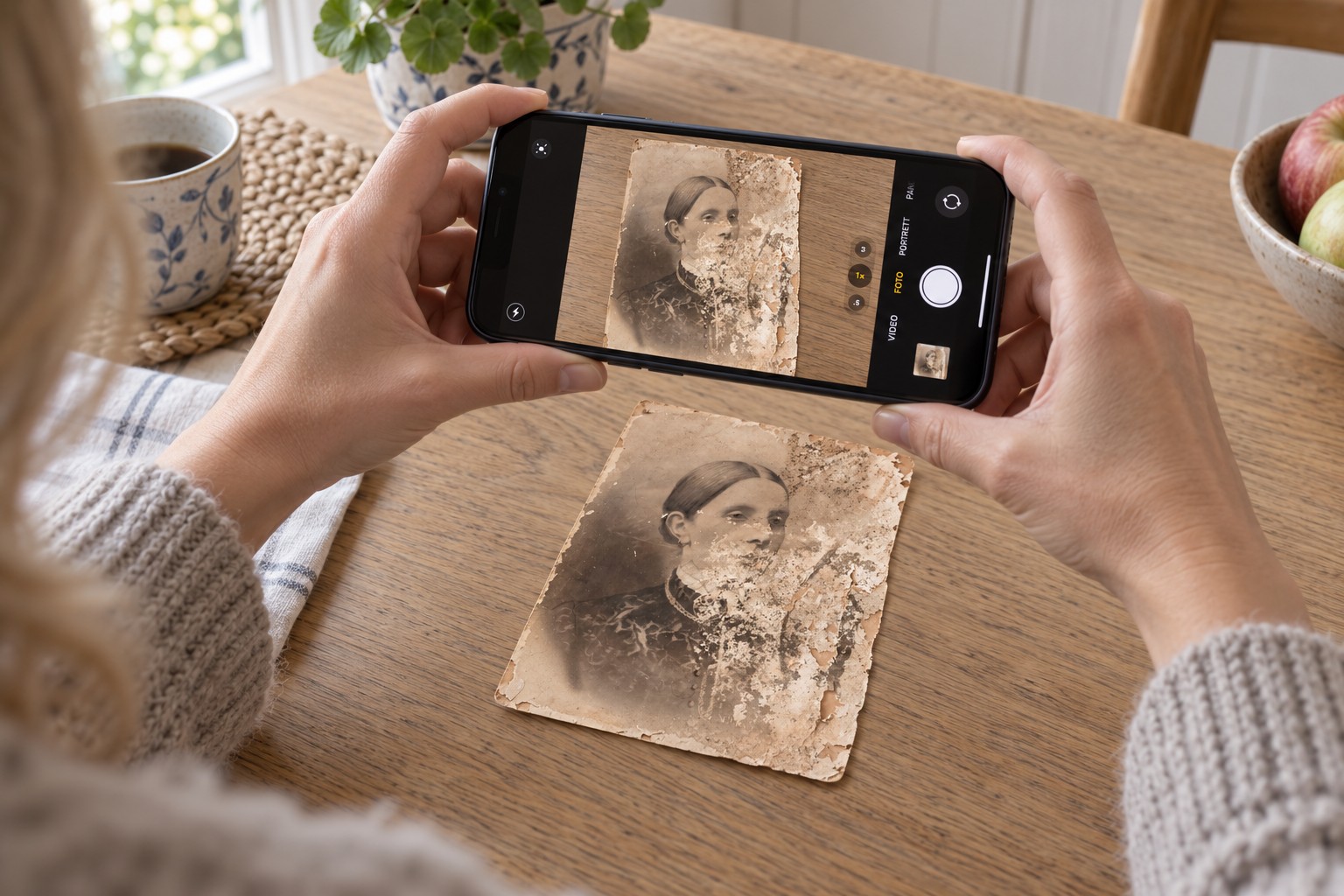 Hands hold an iPhone over a damaged old portrait of a woman on a kitchen table. The phone shows the photograph in its camera view.